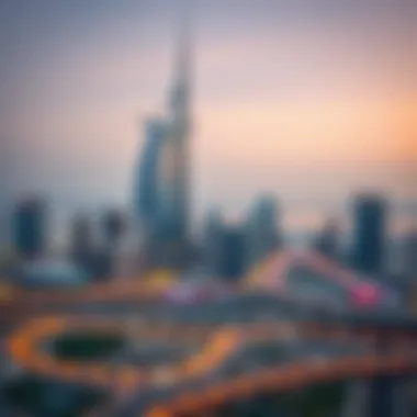Skyline Integration: Ahmed Al Murr Building Against Dubai's Backdrop Panoramic view of Dubai skyline featuring the Ahmed Al Murr Building