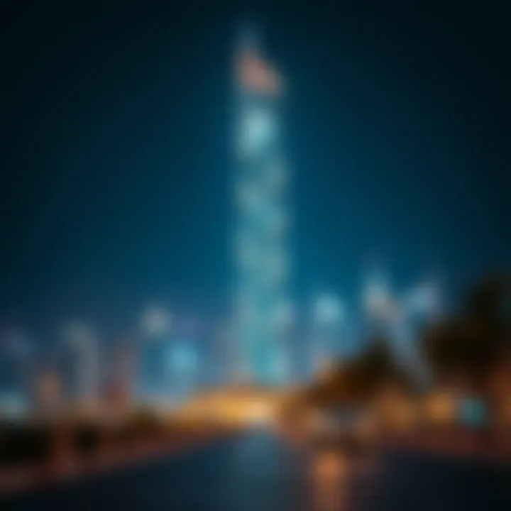 Night view of Bahwan Tower illuminated against the city skyline