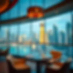 Elegant dining setup with city skyline view