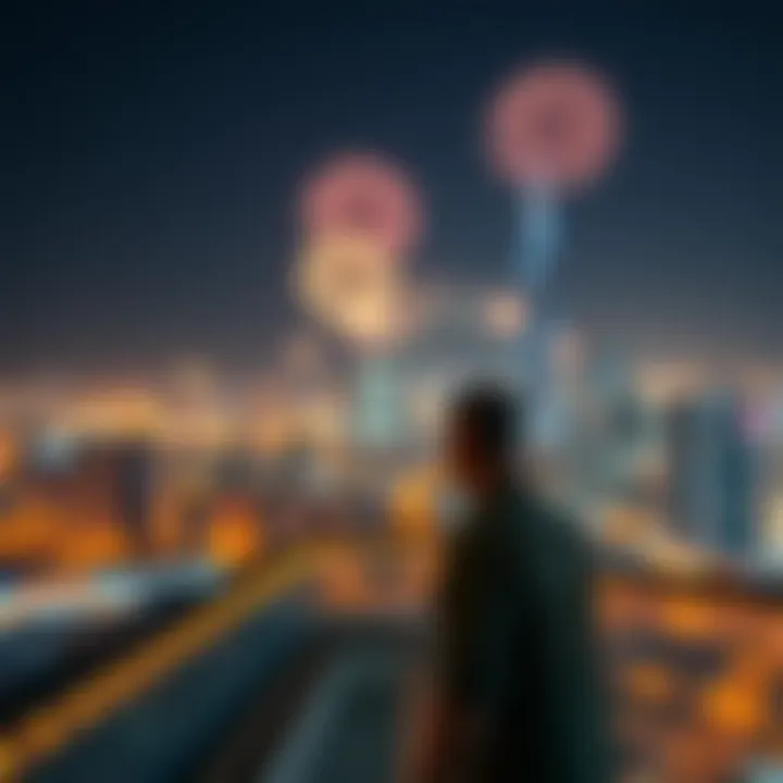Rooftop Perspective of the Fireworks Panoramic view of Dubai skyline with fireworks from a rooftop