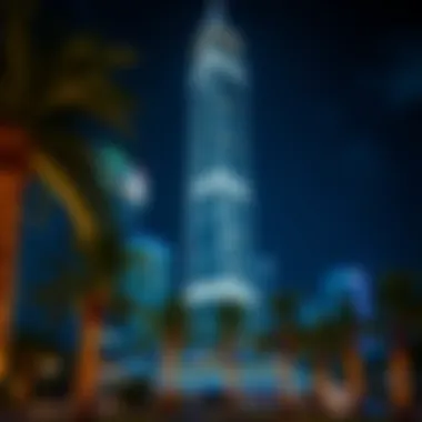 Night view of the Binary Tower illuminated