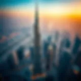 Aerial view of Burj Khalifa with Dubai skyline