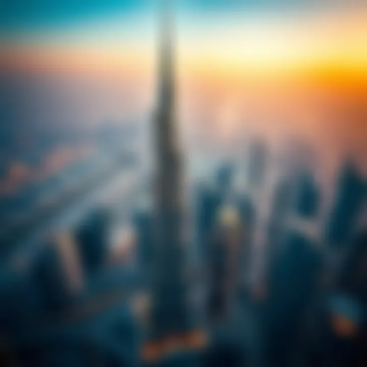 Aerial view of Burj Khalifa with Dubai skyline