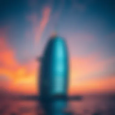 The luxurious Burj Al Arab, shaped like a sail, against the sunset