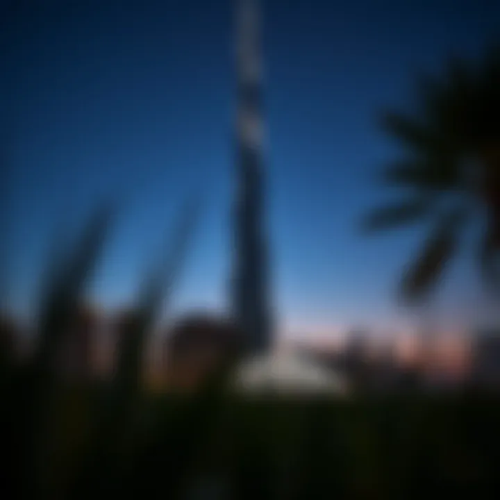 Ara Tower illuminated at dusk with city lights