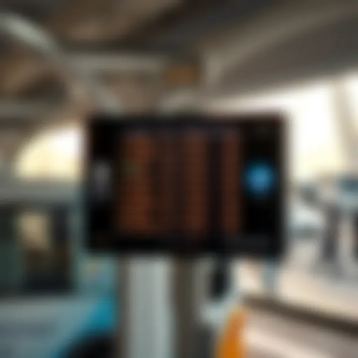 Digital display at a bus station showing schedules and route information