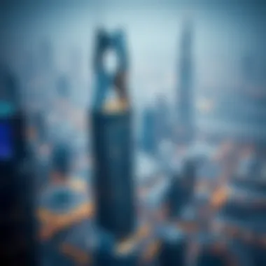Da Vinci Tower in the Dubai Skyline Aerial view of Dubai with Da Vinci Tower highlighted