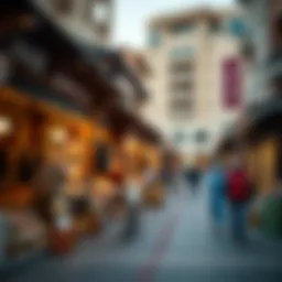 A vibrant marketplace showcasing traditional and modern architecture in Deira.
