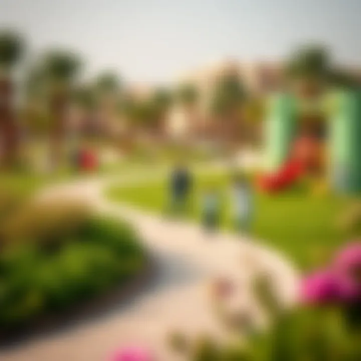 Vibrant community park in Dubai Hill Estate filled with families and recreational activities