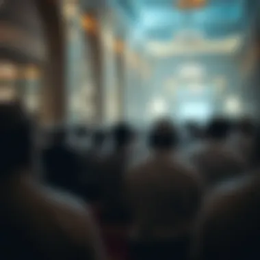 A group of attendees engaged in prayer at a Dubai venue