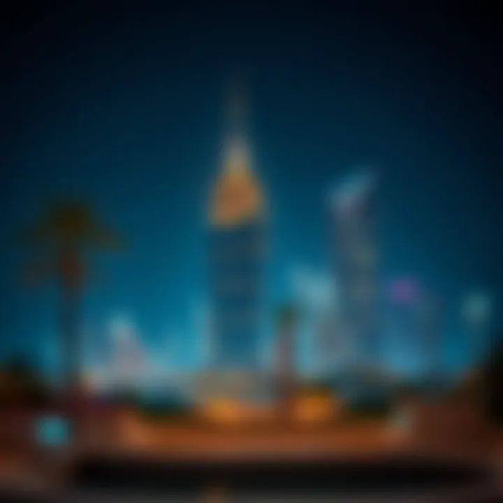 Nighttime view of Eleganz illuminated in the Dubai skyline