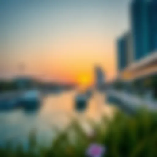 Breathtaking view of Al Qasba Canal at sunset showcasing its serene waters and vibrant surroundings
