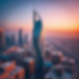 Aerial view of Al Roda Tower showcasing its unique architectural design against the Dubai skyline.