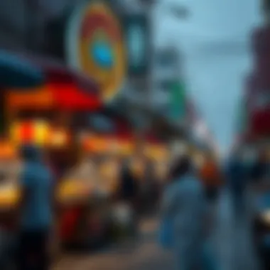 A bustling street food market atmosphere A busy street food market filled with enticing food carts and stalls