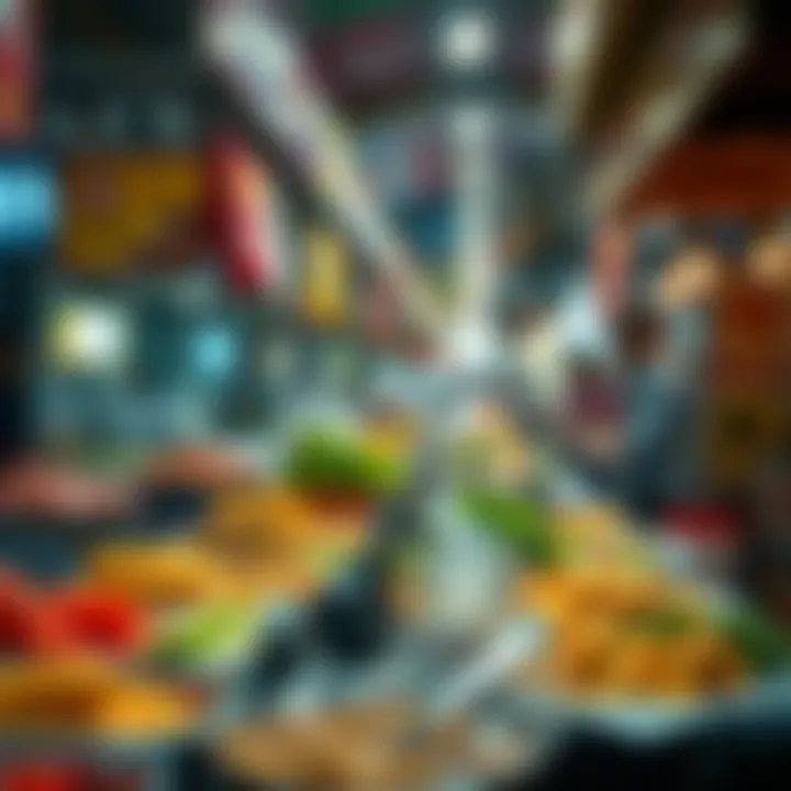 A vibrant array of Dubai street food offerings A vibrant array of Dubai street food offerings on a bustling market stall