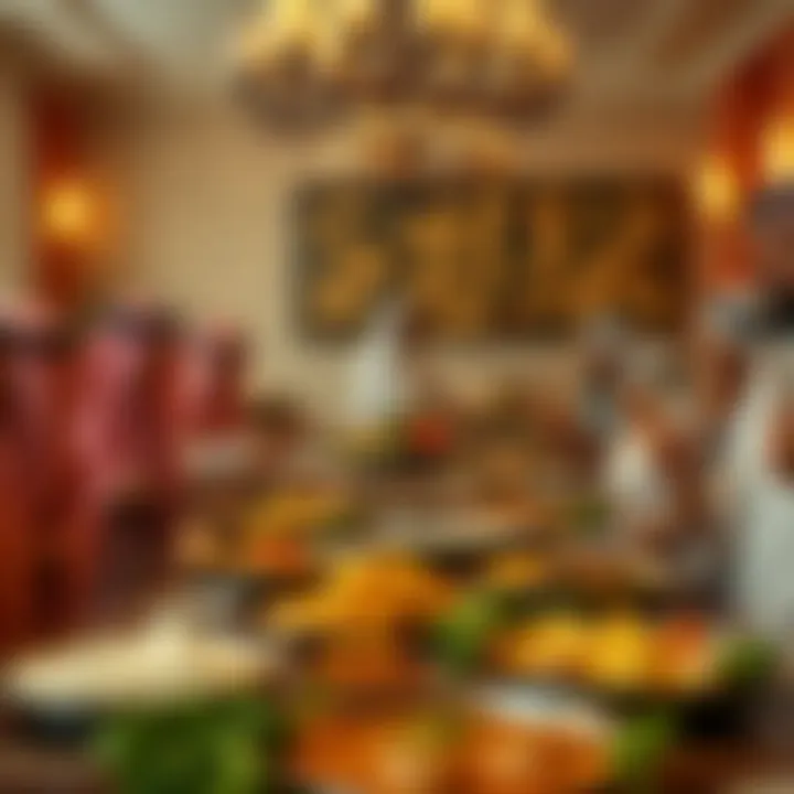 Communal Dining in Emirati Culture A festive gathering with an assortment of Emirati dishes symbolizing communal dining and culture