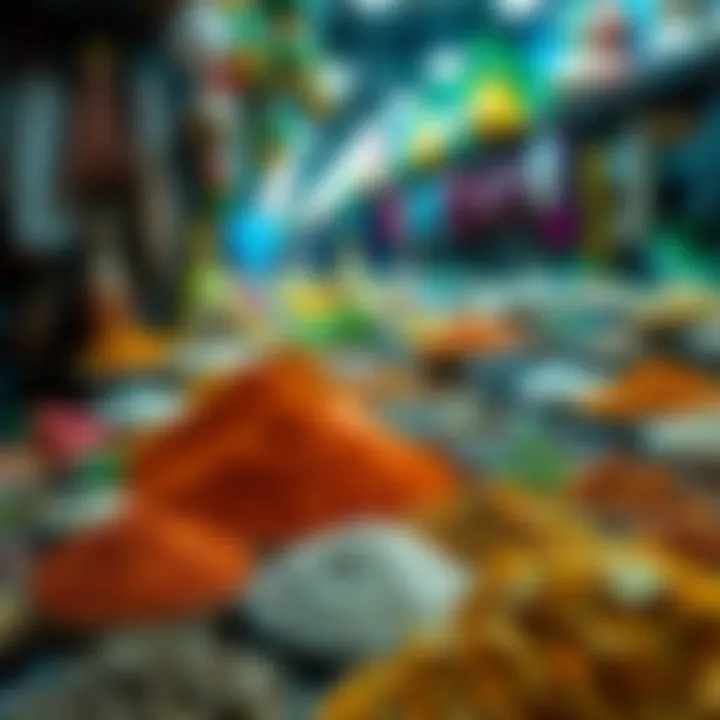 Spices and Ingredients of Emirati Cuisine A vibrant market scene showcasing an array of spices and ingredients used in Emirati cooking