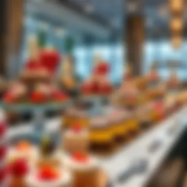 A stunning dessert display featuring intricate pastries and colorful sweets