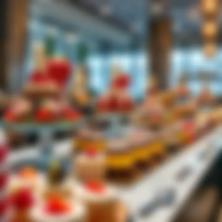 A stunning dessert display featuring intricate pastries and colorful sweets