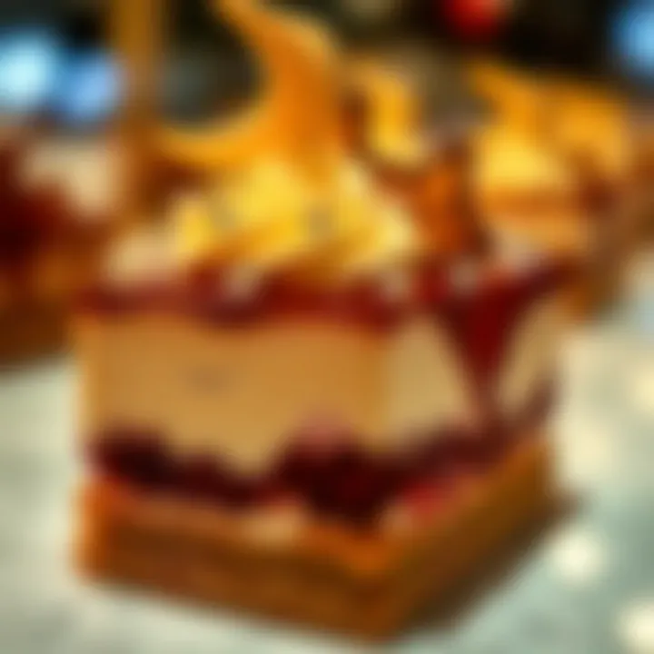 A close-up of a signature dessert garnished with elegant embellishments