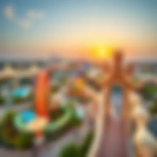 A panoramic view of Dubai Parks showcasing various attractions