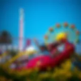 A vibrant scene at a popular theme park in Dubai, showcasing thrilling rides and excited families enjoying their day.