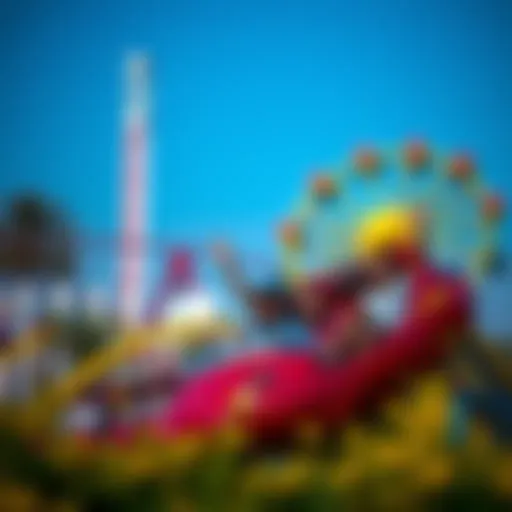 A vibrant scene at a popular theme park in Dubai, showcasing thrilling rides and excited families enjoying their day.