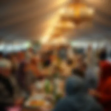 Communal Harmony at Iftar Gatherings A panoramic view of a bustling iftar tent filled with diverse individuals enjoying a meal.