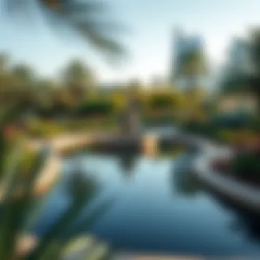 Serene Water Feature in Khalifa Park A serene water feature in Khalifa Park surrounded by native plants and pathways