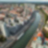 Aerial view showcasing urban development along the Danube River
