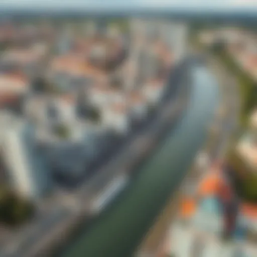 Aerial view showcasing urban development along the Danube River