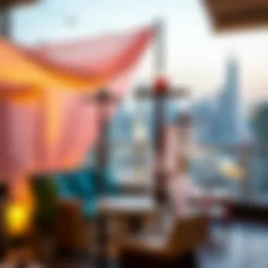 Outdoor Shisha Experience with Skyline Views A serene outdoor shisha setting with skyline views of Downtown Dubai