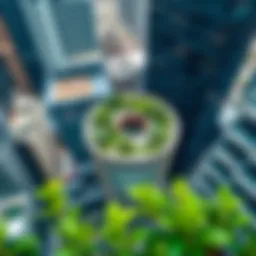 Aerial view of a modern sky garden building nestled among urban skyscrapers