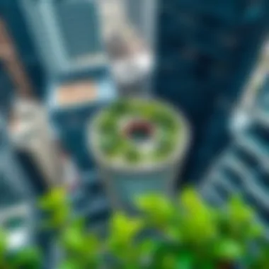 Aerial view of a modern sky garden building nestled among urban skyscrapers