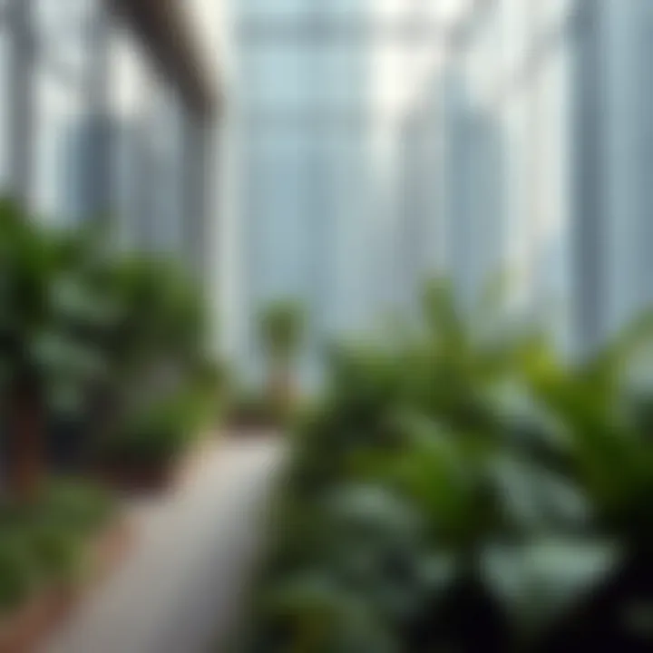 Interior garden space in a high-rise building showcasing lush greenery