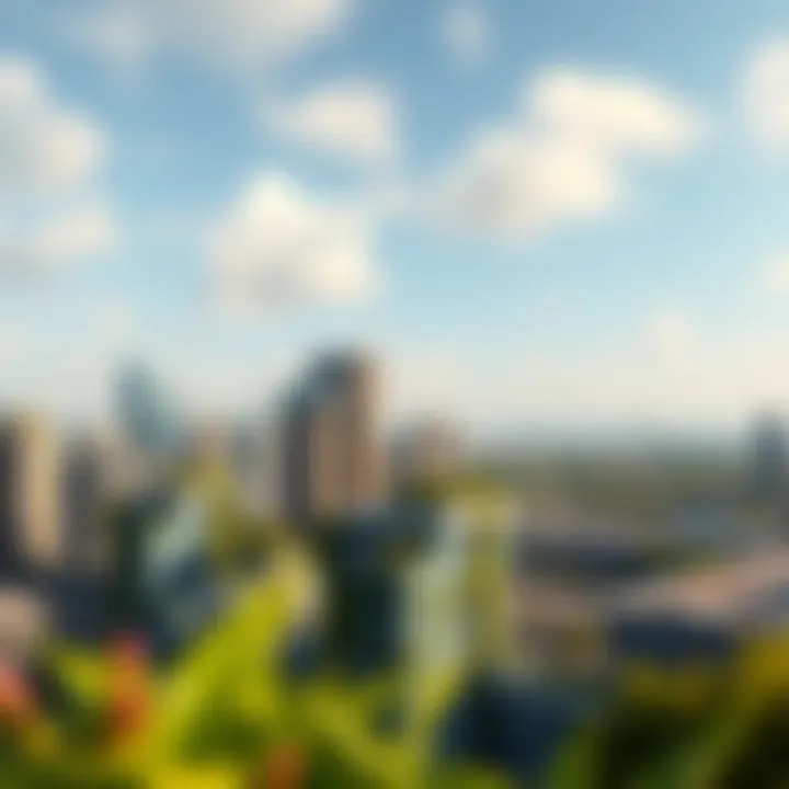 A skyline featuring multiple sky garden buildings promoting sustainable urban living