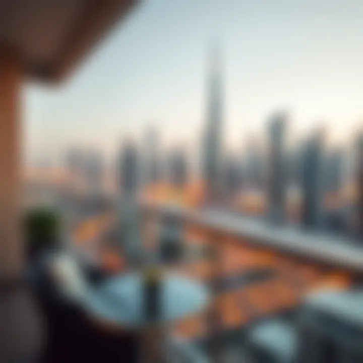 Panoramic view of Dubai skyline from a studio apartment balcony