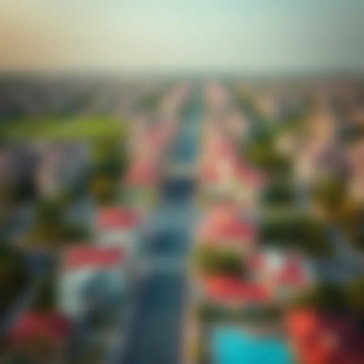 Aerial view of a vibrant Dubai neighborhood with real estate listings