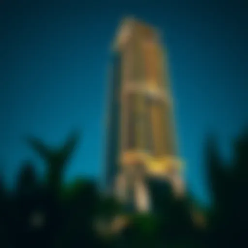 The stunning facade of Creek Harbour Tower illuminated at night