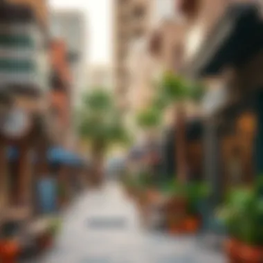 Vibrant Dubai Neighborhood A vibrant neighborhood in Dubai featuring trendy cafes and shops.
