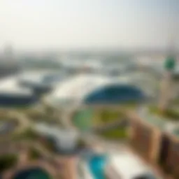Aerial view of Meydan, showcasing its modern architecture and green spaces.