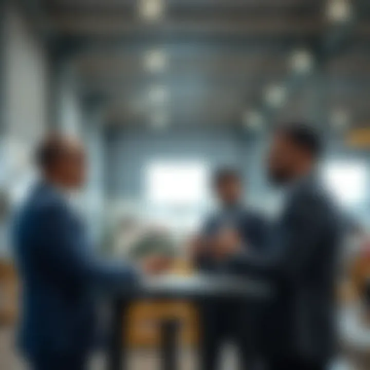 Business professionals discussing warehouse rental agreements