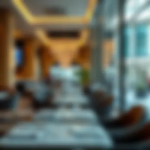 Elegant dining setup with a view of the mall's architecture