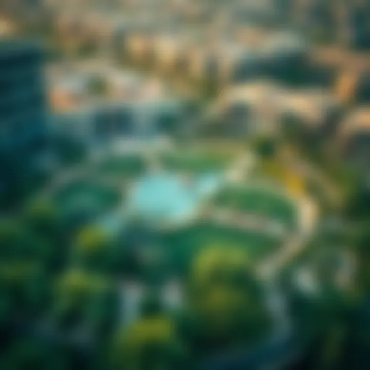 Aerial View of Green Park JVT Aerial view of Green Park in Jumeirah Village Triangle showcasing lush greenery and modern architecture