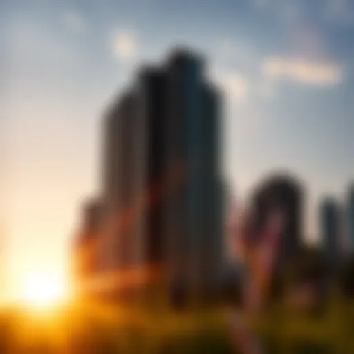 A breathtaking view of Horizon Towers at sunset, showcasing its modern façade and surrounding skyline