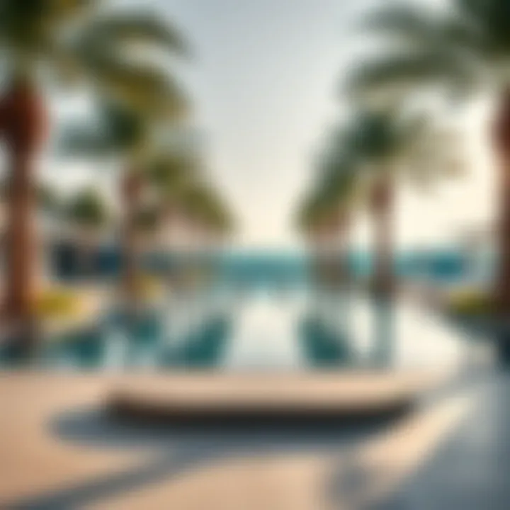 Luxurious swimming pool area surrounded by palm trees