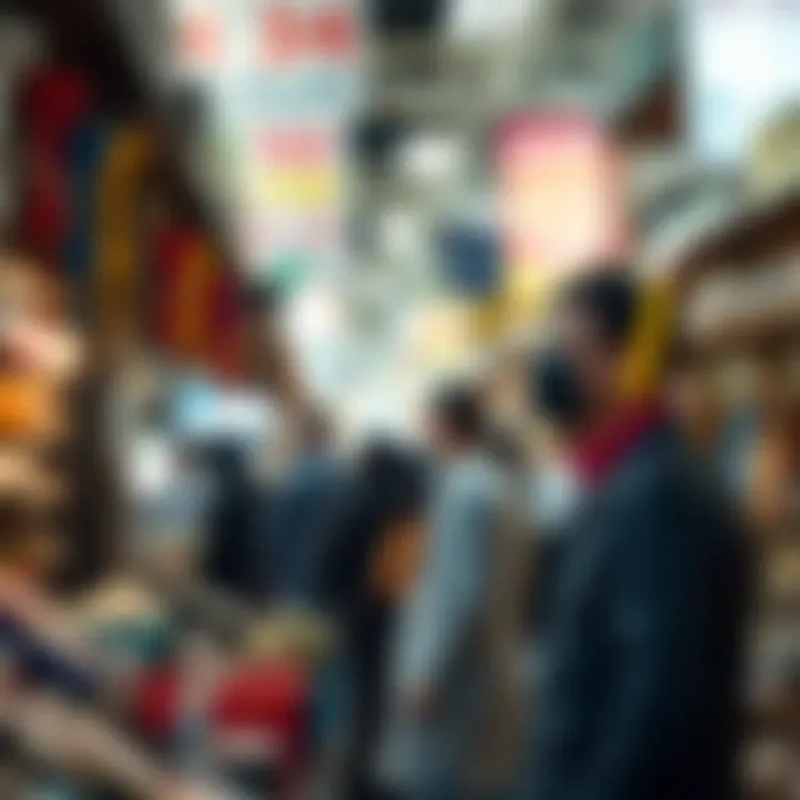 A bustling market street showcasing diverse products