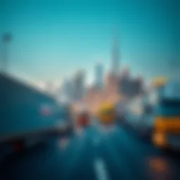 A panoramic view of Dubai's skyline with moving trucks