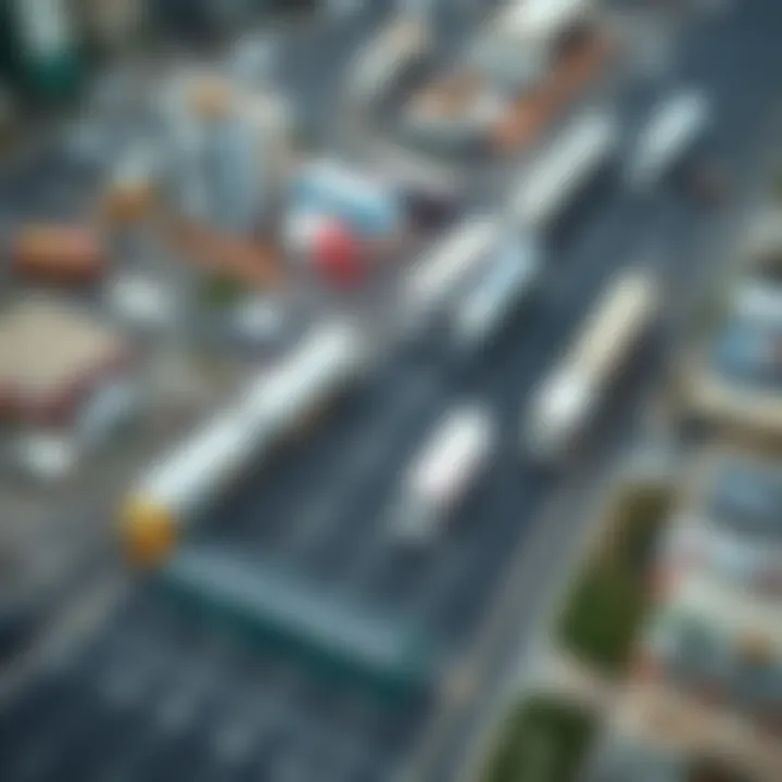 Aerial view of a bustling Sharjah with moving trucks