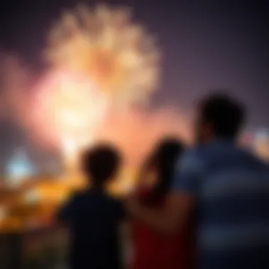 A family enjoying the National Day fireworks display at a popular viewing location.